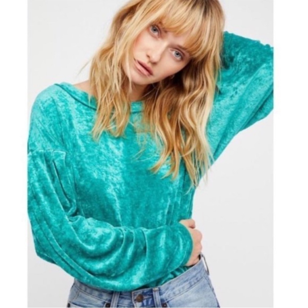Free People Teal Crushed Velvet Long-Sleeve Top